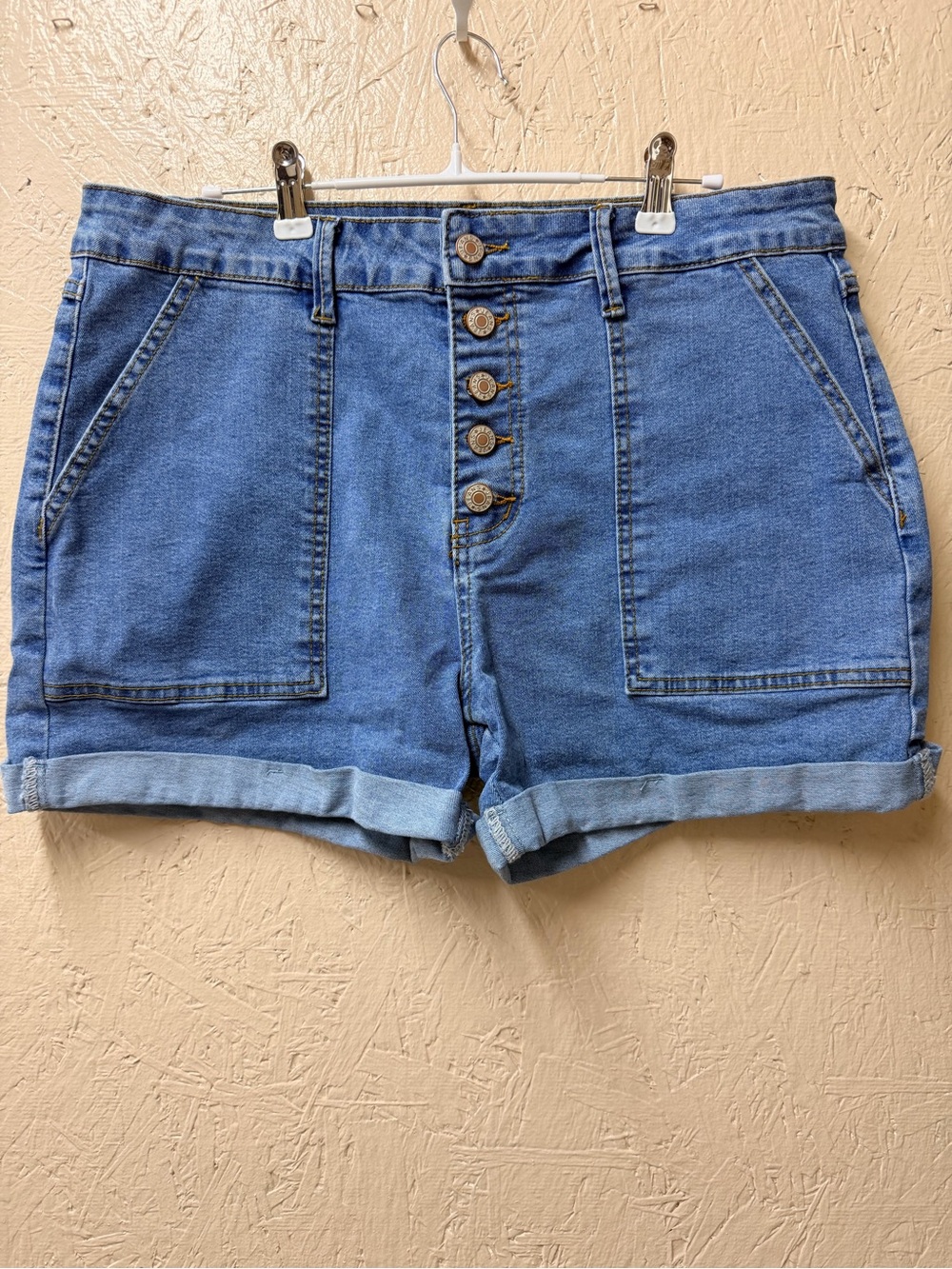 High-Rise Button-Front Denim Shorts in Blue